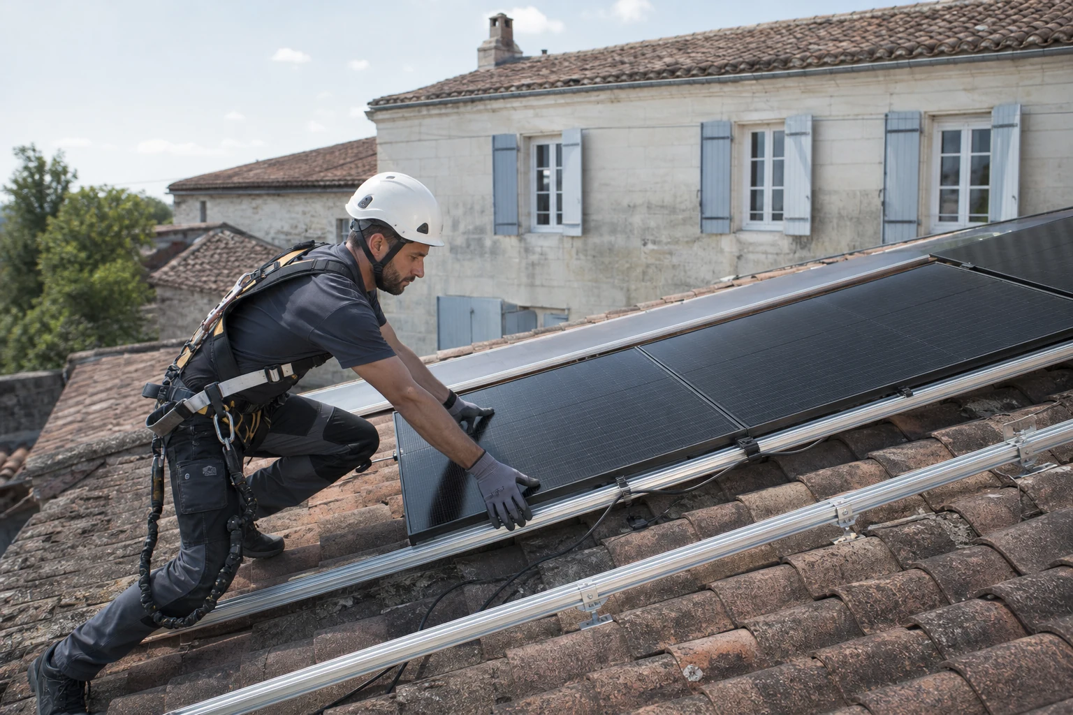 Pose professionnelle de modules photovoltaïques sur une toiture en tuiles Pose professionnelle de modules photovoltaïques sur une toiture en tuiles
